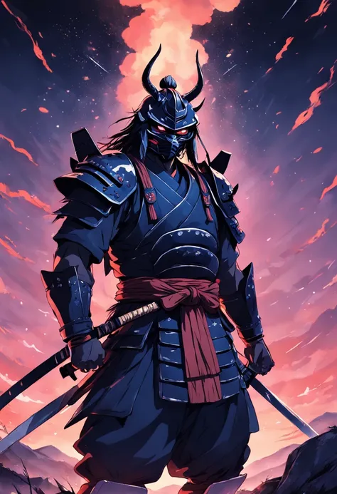 make a samurai alone fighting in all his life and looking depressed with cool armor looking at midnight sky