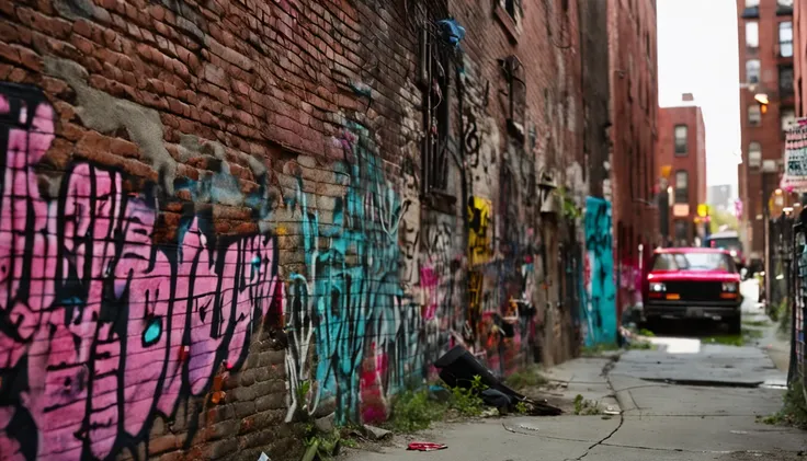 Scene of a backstreet alley, graffiti, New York,bricked walls, barbed wire,hippy，Rock Youth