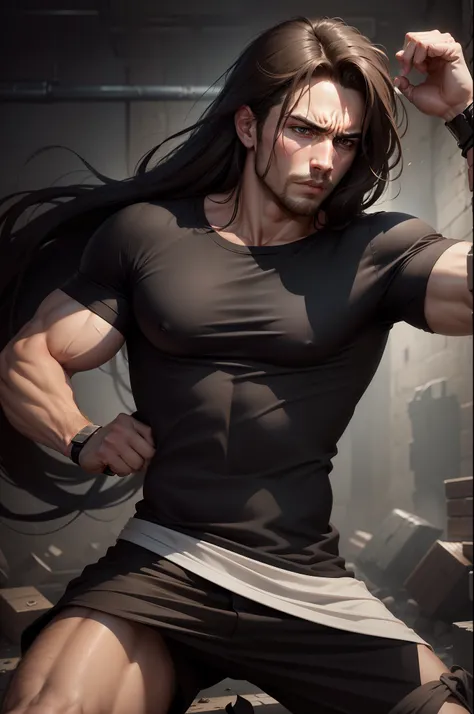 8k realistic image of a handsome man, 25 years old, long brown hair, brown eyes, pained expression, dressed in a simple black casual shirt, bandages wrapped around his arms, attacking with a punch to the right arm, large underground dungeon , looking at yo...