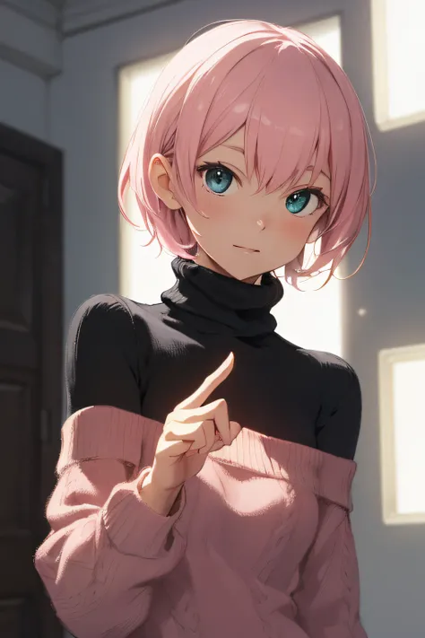 absurderes, hight resolution, ultra-detailliert, Stubborn lighting, Upward thumb hand gesture, gesture, brilliance, ​masterpiece, top-quality, 1girl in, Pink shorthair,Black sweater