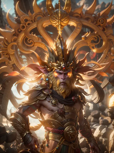 Highly detailed portrait of the halo of the Monkey King Sun God，A huge golden sun behind his head emitted a vibrant golden glow，golden colored，unreal-engine，globalillumination，The picture is bright，God Ray，In the background is a huge golden sun，detailed an...