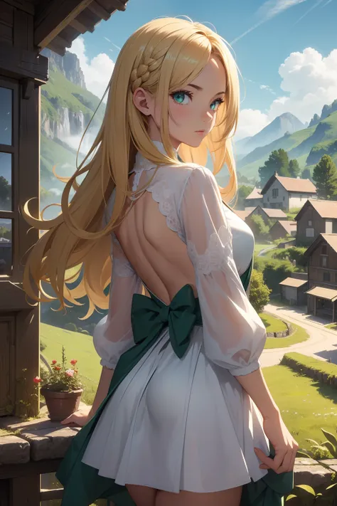 (Best quality), (masterpiece), (ultra detail), (movie poster), A cute girl, highly detailed face, determined face, green crystal eyes, blond hair, full body, in the rural village in French vasco mountain covered by morning cloud sea, detailed back ground,