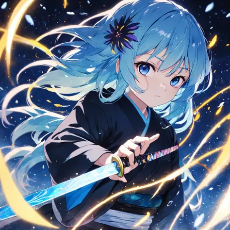 masterpiece, best quality, movie still, adult woman, black kimono, katana in hand, fight scene, vivid blue glittered eyes, glazed skin,white messy hair, floating hair, standing in the flowers  field, shooting star, makoto shinkai style, rossdraws stlye, ha...