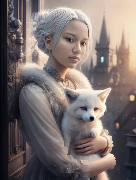 There is a woman holding a white dog in her arms, raposa branca, uma bela raposa senhora, fantasia raposa amor, raposa branca - cabelo, retrato bonito da arte da fantasia, arte de fantasia realista, raposa branca vampiro, Yuri Shwedoff e Tom Bagshaw, Arte ...