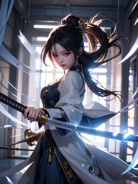 Anime girl in a room with sword，Light shines through her hair, by Yang J, Guviz-style artwork, she is holding a katana sword, Artgerm and Atey Ghailan, Guweiz on ArtStation Pixiv, Guweiz in Pixiv ArtStation, she is holding a sword, holding a sword on her s...