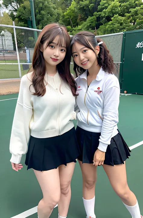 ​masterpiece, Better Quality, hight resolution, Two girls side by side、Tennis Wear、skirt by the、tennis、tennis coat、full body Esbian、the kiss、Curly hair, A smile,happily face,,(huge-breasted:1.1)、thighs thighs thighs thighs