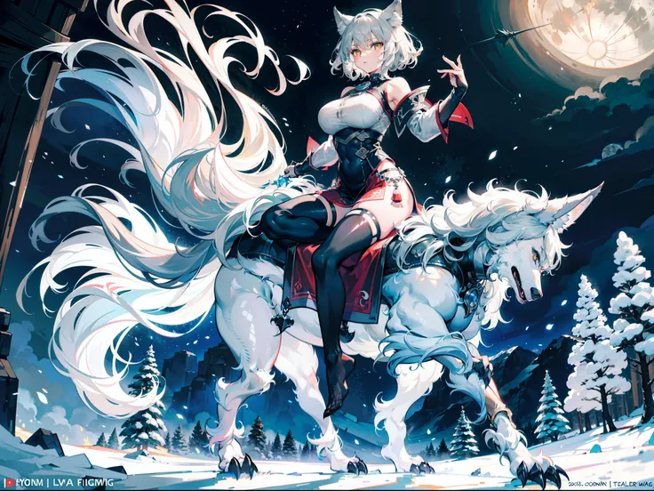 Gray-haired beautiful girl，curlies，half-orc，Limbs of a wolf，Wolf tail，Wolf ears，Wolf maiden，Beast Girl，Tsundere expression，Best quality at best，tmasterpiece，High- sharpness，Sit in the icy mountain forest，Full body photo，A wolf girl with wolf claws，half-orc...