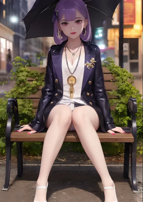 sankta. louis (luxurious wheels) (azur lane), Hair Ornament, Portrait, Revealing clothes, Necklace, Blue Nails, Cityscape, Night, Rain, Wet, (masutepiece:1.4),(Best Quality:1.4),Realistic,fashi-girl,makeup,Red lips,Looking at Viewer, Solo,earrings,8K,Best ...