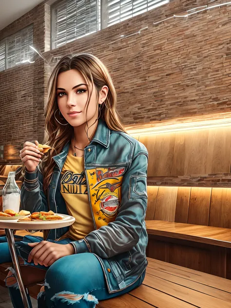 Create a realistic image of a beautiful, rocker style person enjoying a delicious hamburger in a restaurant setting. Make sure the person has strong features and a stylish appearance, with clothes and accessories that emphasize the rock style. Add details ...