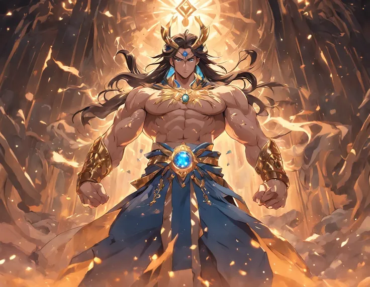 God, best quality, 1 Java god, 1 Java man, Lord Anuman, Black hair, upper gold armor, lots ornament on body, gold and gemstone clothes, Four arms , Java boots, Java mythology, blue eyes, mid long hair, Java little crown, American face, serious look, anger,...