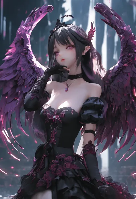 Seductive girl figure、Cute Girl Figure、Anime idol figures、pretty face with arms and legs、Norse goddesses、photo of slim girl model、European girl、Black Classical Dress、Wings of a Black Angel、Wet black-purple long straight hair、pale skin、Red eyes、Singing in t...