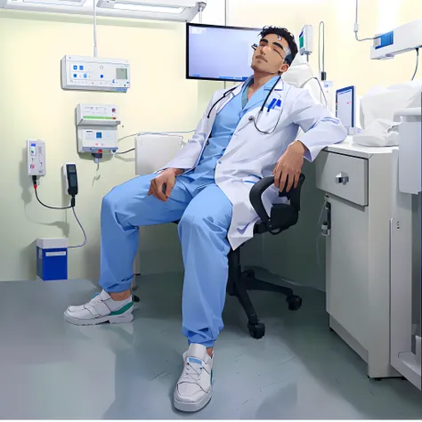 arafed male doctor sitting in a chair in a hospital room, medical photography, doctor, medical doctor, healthcare worker, foxish guy in a lab coat, at the hospital in patient gown, wearing a white hospital gown, male physician, resting after a hard fight, ...