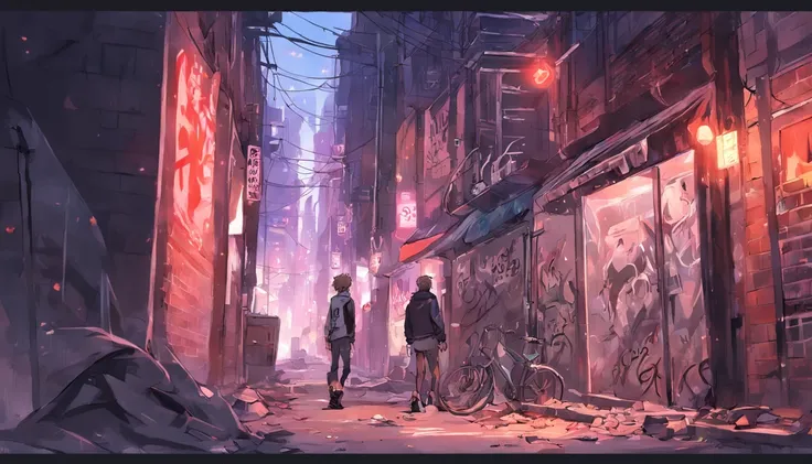 Scene of a backstreet alley,some punk  boys and girls,  hippy guys,graffiti, New York,bricked walls, barbed wire, ，motorbike, baseball gloves, POP neon lights , Aluminum trash cans，Fire staircase