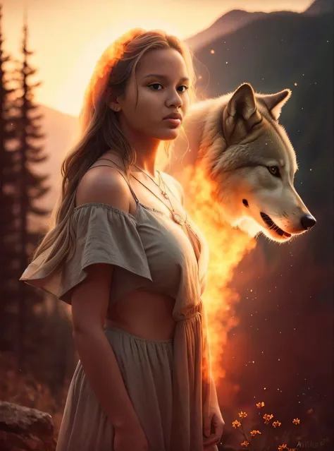 uma mulher em um vestido ao lado de um lobo, lobogirl, Angielobo, uma bela raposa senhora, female anthropomorphic wolf, foto de perfil, Lobo Dourado, lobo como um humano, Directed by: Ivan Ranger, Lobos e seus tesouros, arte bonita, lobo, por Aya Goda, awe...