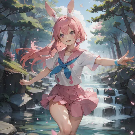 "Sakura Forest Creek Dancer，Wearing a pink sailor suit，rabbitears，Pink hair。"