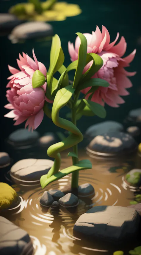 Peony flower monster in the stream，Virtual Engine 5，Perfect detail rendering，rendering by octane，hyper HD