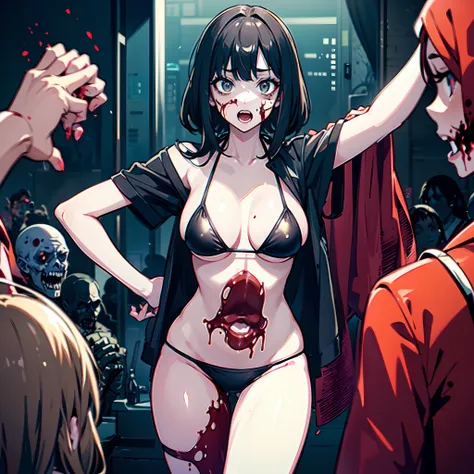 bikini string girl, zombie blood,bikini girl gets surrounded by zombies