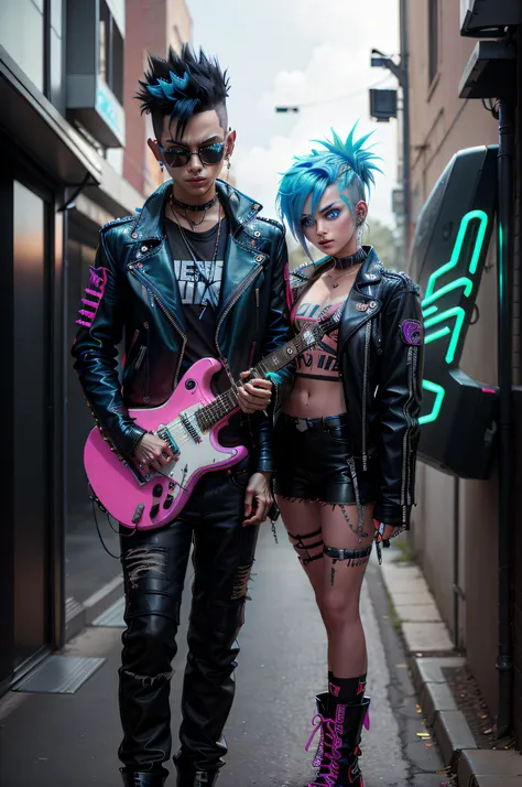 A ((neon)) blue alien punk with spiky hair and a leather jacket, holding a electric guitar in one hand -- in the style of BlueAP, realistic,  isoMix_v211