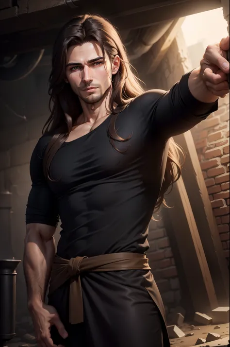 realistic, 8k image of handsome male, 25 years old, long brown hair, brown eyes, head down with hair covering face, dressed in simple black casual shirt, black bandages wrapped around his arms, arm outstretched, large underground dungeon