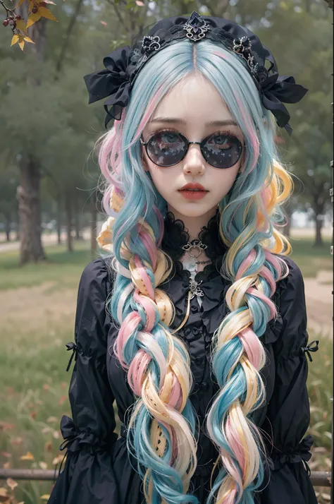 En un hermoso parque una mujer de aspecto moderno. It has a very colorful and striking kawaii gothic style.., con un maquillaje elegante y una peluca colorida.