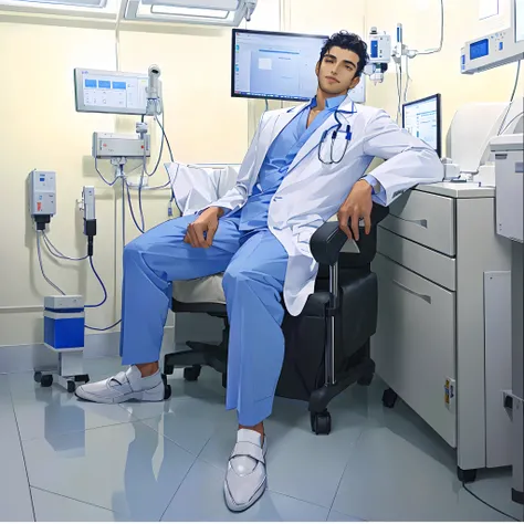 arafed male doctor sitting in a chair in a hospital room, medical photography, very handsome face with detailed facial features,...