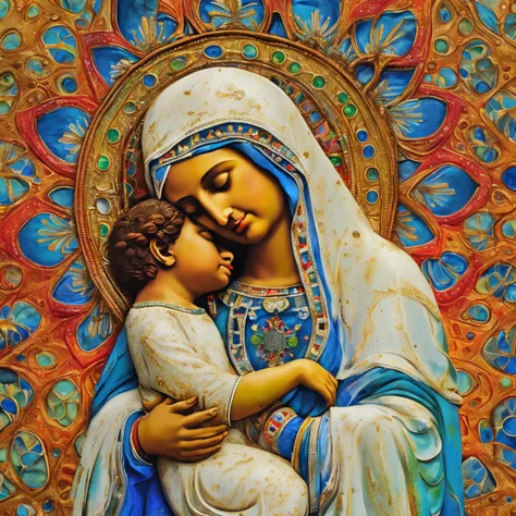 create an image of Our Lady carrying Jesus Christ on her lap from the waist up wearing a blue and white tunic with bright diamond details, usando uma coroa de flores multicoloridas , olhos verdes, an aura in the colors of the rainbow around their heads, de...