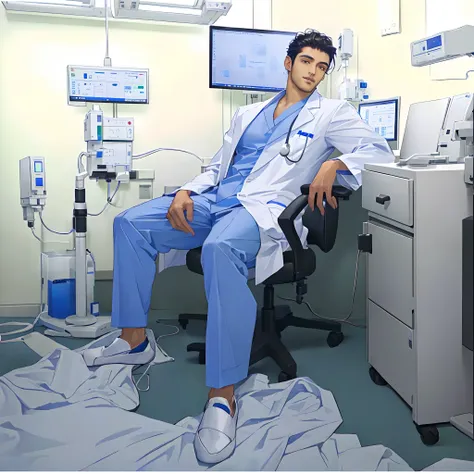 arafed male doctor sitting in a chair in a hospital room, medical photography, very handsome face with detailed facial features,...