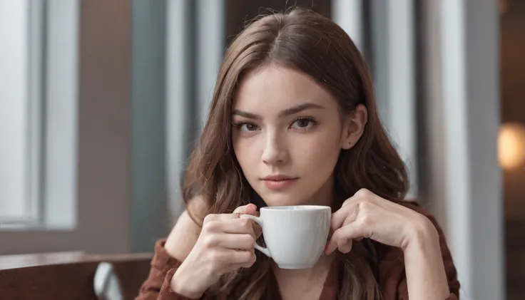 a woman at a table with a cup of coffee, garota misteriosa da cafeteria, sitting in a café, sitting in a café by herself, visual real de uma senhora bonita, sitting alone in a café, Kawacy,  4k