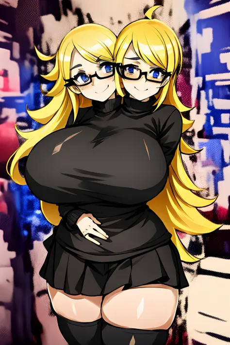 2heads, a very short fat woman with 2 heads.  She has enormous breasts. She is inside a video game store. She looks like a nerd. She has messy hair. She is wearing a sweater and a short skirt. She is wearing thigh-high socks. She has gigantic breasts. She ...