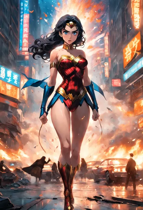 A Hyperrealistic Wonder Woman, Perfect Body, Perfect face, Perfect hands, Perfect, Legs, In a City in Fire, detailed and Intrincicated, bioluminicense, HD