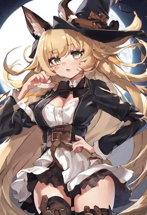 The figure of a seductive girl、Cute girl figure、Anime Gravure Idol Figure、Golden hair、long、eye glass、Fox ears、Fox tail、The Steampunk Witch、witchs hat、long robe、White blouse、plaid skirts、Full Moon Night、Dancing、pretty face with arms and legs、Norse goddesses...