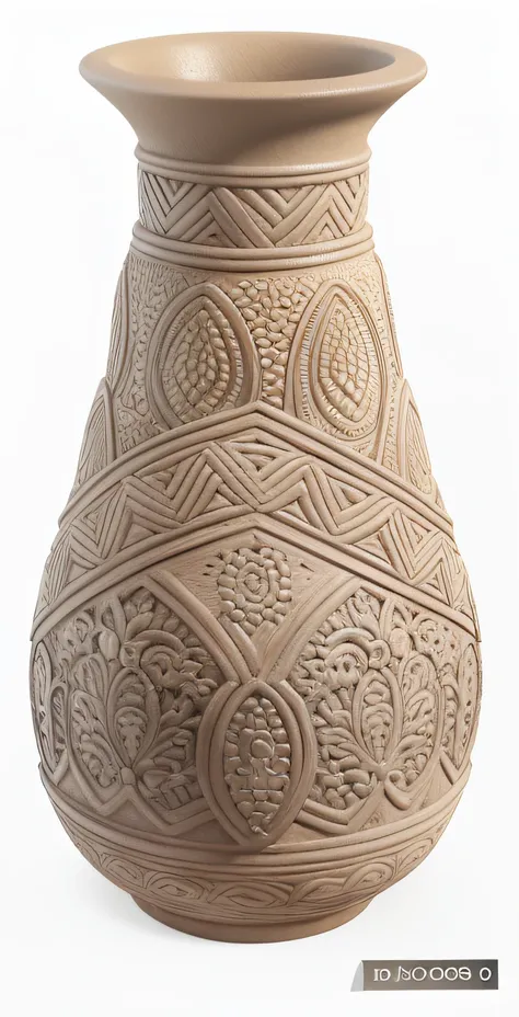 "Vaso Marajoara de barro, Modelo 3D realista com texturas impressionantes e detalhes meticulosos em branco e marrom."