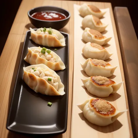 illustrate: In this explanatory prompt、It is a traditional dumpling of Japan「Gyoza」Generate delicious looking images of。Gyoza、with food packed with meat and vegetable fillings wrapped in thin skin,、Generally baked on a griddle or pan。Here are some of the m...