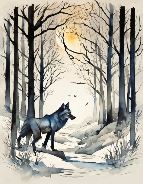 A wild wolf, its demeanor fierce and untamed, prowling through a moonlit forest. The atmosphere is tinged with an eerie bluish glow, casting elongated shadows as the wolf moves with stealth. The forest is rendered in a surrealistic style, with trees taking...