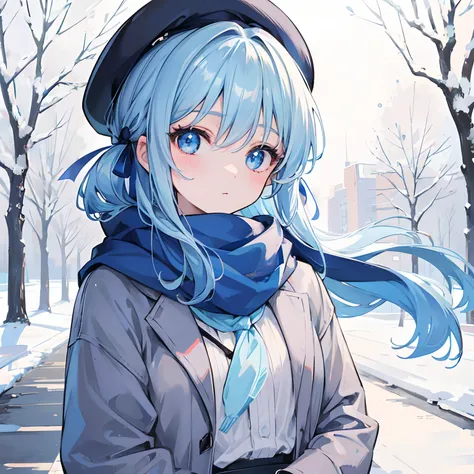 1girl,light blue hair,blue eyes,hair ribbon,blue scarf,beret,sweater,winter,looking at viewer