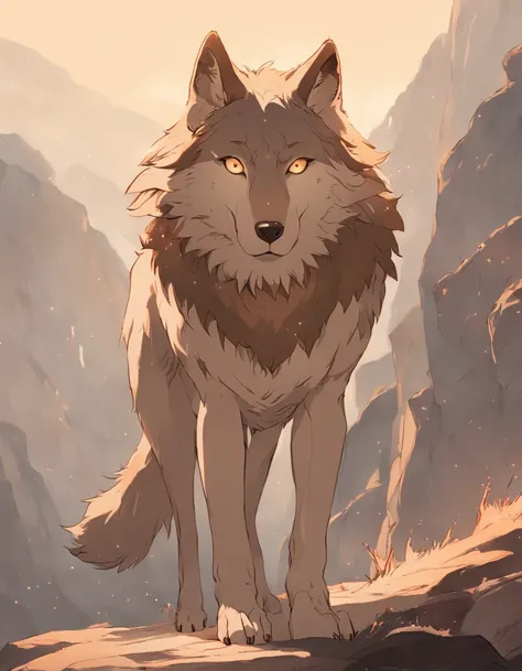 A wild wolf, a guardian spirit of an ancient tribal realm, standing atop a rocky plateau overlooking a vast expanse of rugged terrain. The wolfs fur shimmers with ethereal hues, reflecting the spirits of the land. The landscape is bathed in a warm, sepia-t...