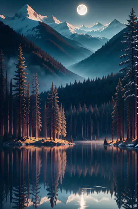 ethereal fantasy and mystical landscape, moonlit mystical lake, hyper-detailed water reflection, complex haunting forest background with serene mountain landscapes, camera distance full shot