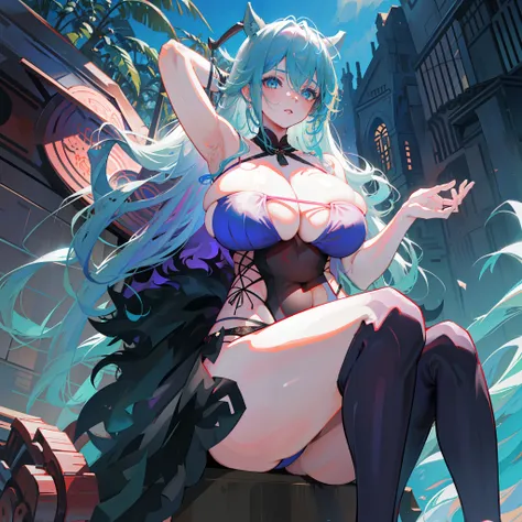 Azure eyes，Pink hair，dual horsetail，(Slim：1.7)，Gradient color hair，From fans to blue gradient hair，Light smile，Flushed cheeks，detailedeyes，adolable，A MILF，25 age old，standing on your feet，(Super huge breasts：1.7)，Swimsuit bikini，hand behind head，Armpits，Wh...