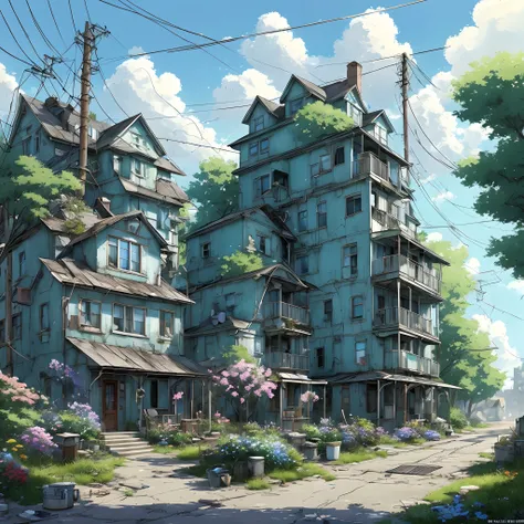 very cozy little place, hyper realism, (anime Makoto Shinkai:0.4), old shabby house in city street, home wiring, outdoors, sky, cloud, day, scenery, tree, blue sky, building, sign, wires, railing, wide shot, utility pole, town, wilderness, flowers, a lot o...