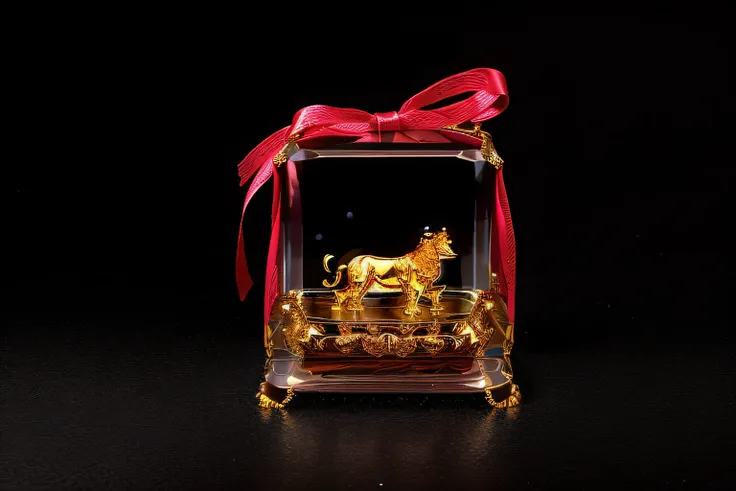 A transparent box with a red ribbon contains a golden object, miniature product photo, shui mo hua, golden taurus, 20k, sculpture made of gold, high resolution product photo, shaxi, “diamonds, highly detailed product photo, detailed product photo, gold fla...