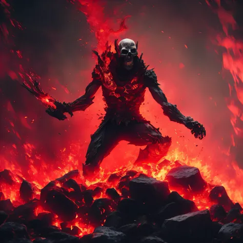 a close up of a person standing on a pile of rocks with a fire, volcanic skeleton, hell background, digital painting. octane render, amazing octane render, body with black and red lava, fantasy style 8 k octane render, octane render aesethic, epic. octane ...