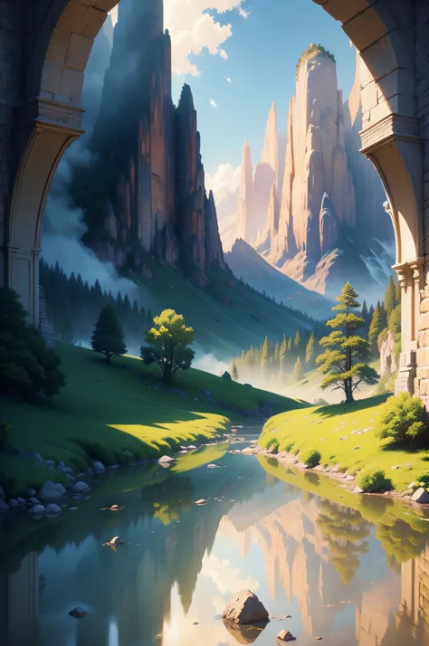 Ideal Valley, Generous and Eternal, breathtaking view, beauty, pure beauty perfection, peaceful haven, vivid colors, Pre-raphalism style or HD detailed digital fantasy art, intricate details, reflections, volumetric lighting