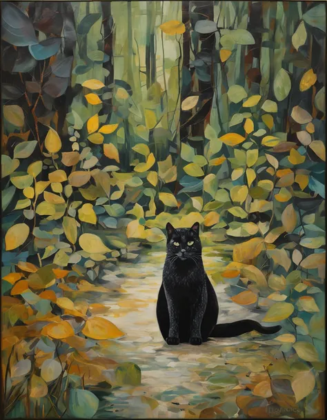 um gato negro e misterioso se esgueirando pelas sombras de uma floresta encantada. The moonlight filtered through the leaves creates magical patterns on the ground, enquanto os olhos brilhantes do gato refletem a lua cheia. The atmosphere is charged with m...