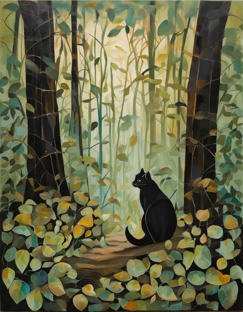 um gato negro e misterioso se esgueirando pelas sombras de uma floresta encantada. The moonlight filtered through the leaves creates magical patterns on the ground, enquanto os olhos brilhantes do gato refletem a lua cheia. The atmosphere is charged with m...