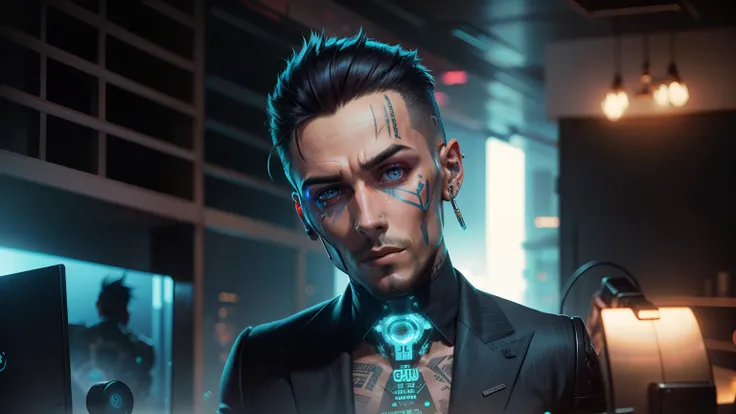 Change background cyberpunk handsome, Futuristic depiction of a perfectly tattooed man with high-tech mechanical prosthetics