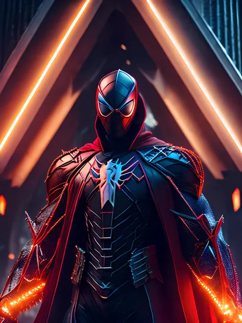 a somber portrait of Marvels Ghost Rider Spider-Manfrom, with intricate angular cybernetic implants inside a brutalist building, gothic brutalist cathedral, cyberpunk, award-winning photo, bokeh, neon lights, cybernetic limb