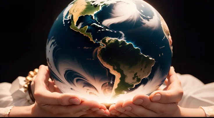 um globo terrestre, representando o mundo com todos os seus desafios e dificuldades. This globe will be being held up by giant hands, que emanam uma aura de luz divina. Hands demonstrate both strength and gentleness, symbolizing that God has control over a...