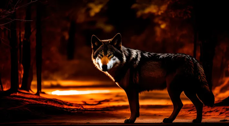 Sombrio, Last Light, From out of the shadows toward the viewer comes a wolf with glowing eyes, grande, viril, musculoso, assustador, enquanto ele se move pelo beco, The path becomes increasingly choked with fallen structures and signs of turmoil.