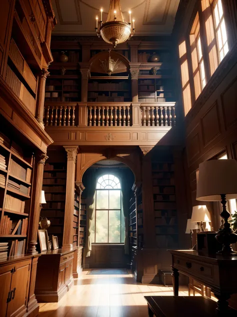 "17th century interior room library with antique furniture, warm lighting, and shelves filled with ancient books"