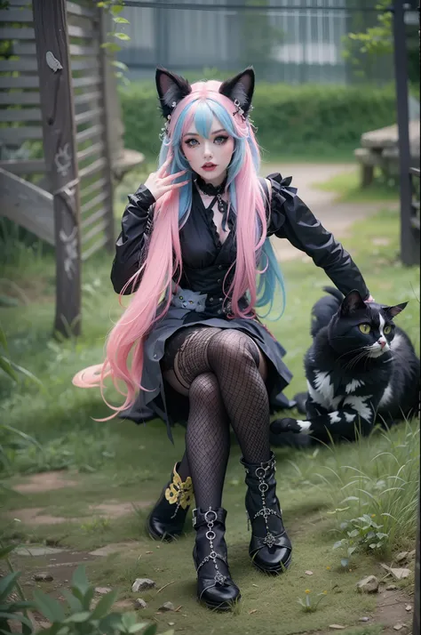 En un hermoso parque una mujer de aspecto moderno. It has a very colorful and striking kawaii gothic style.., con un maquillaje elegante y una peluca colorida. (Strange Cat)